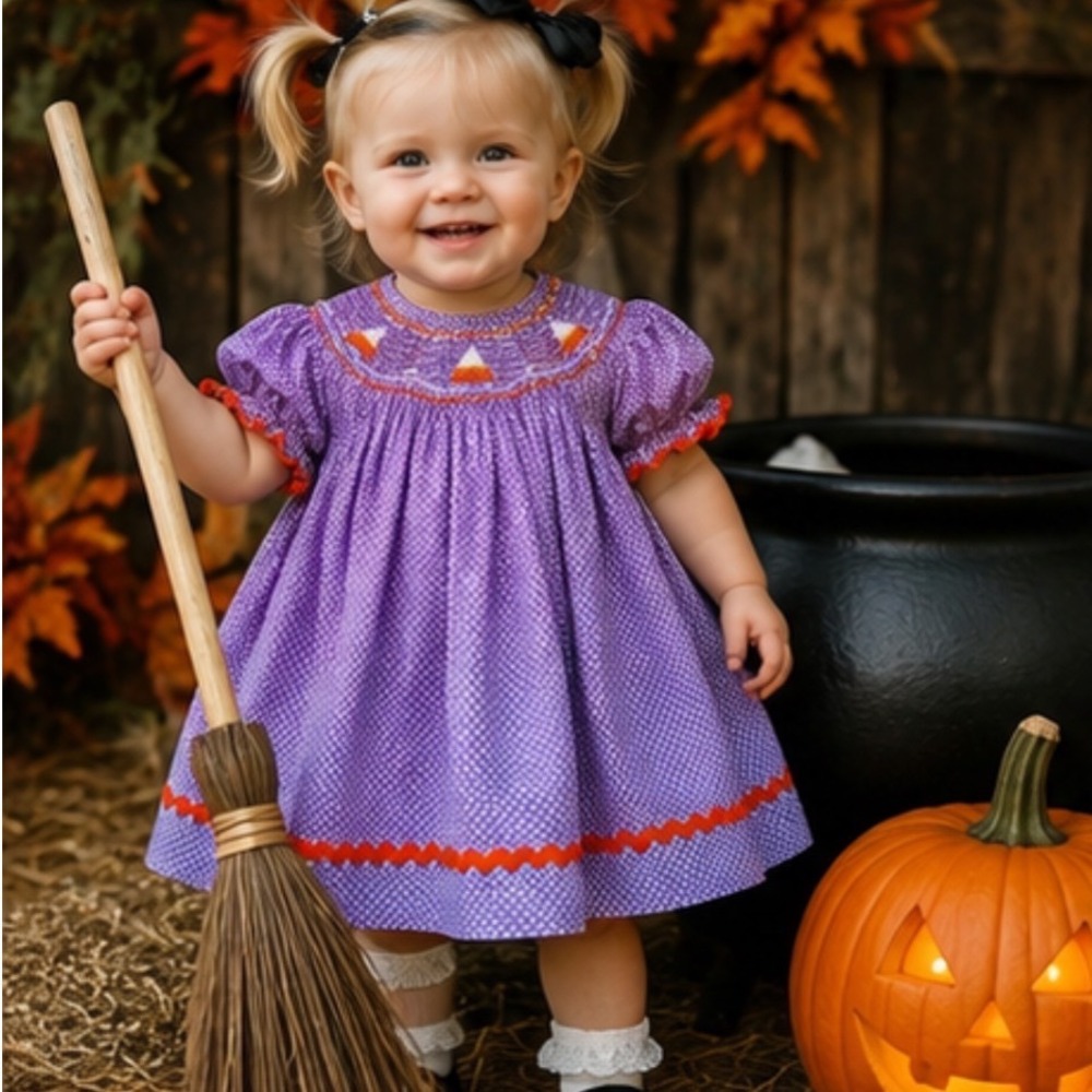 18M Smocked Cotton Candy Polka Dot Dress Purple Orange embroidered Halloween
